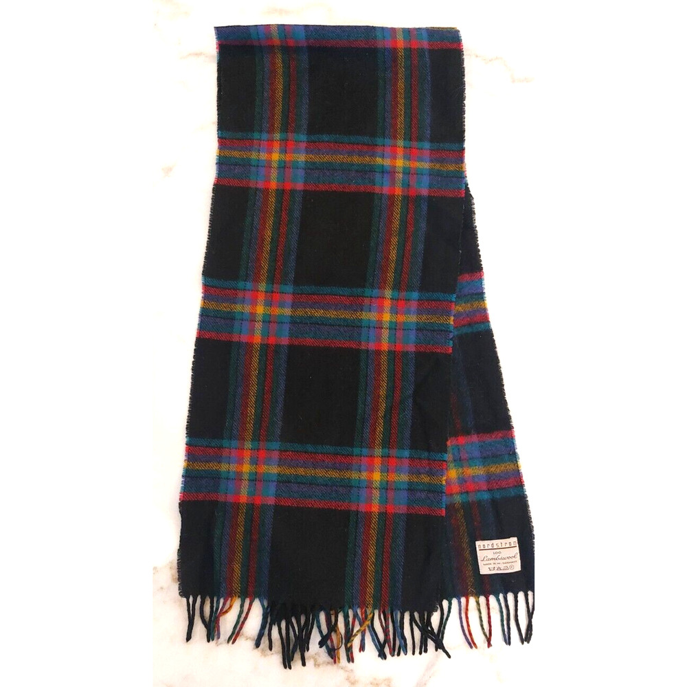 Nordstrom‎ Black MulticolorPlaid Lambswool Scarf Muffler Fringe Trim